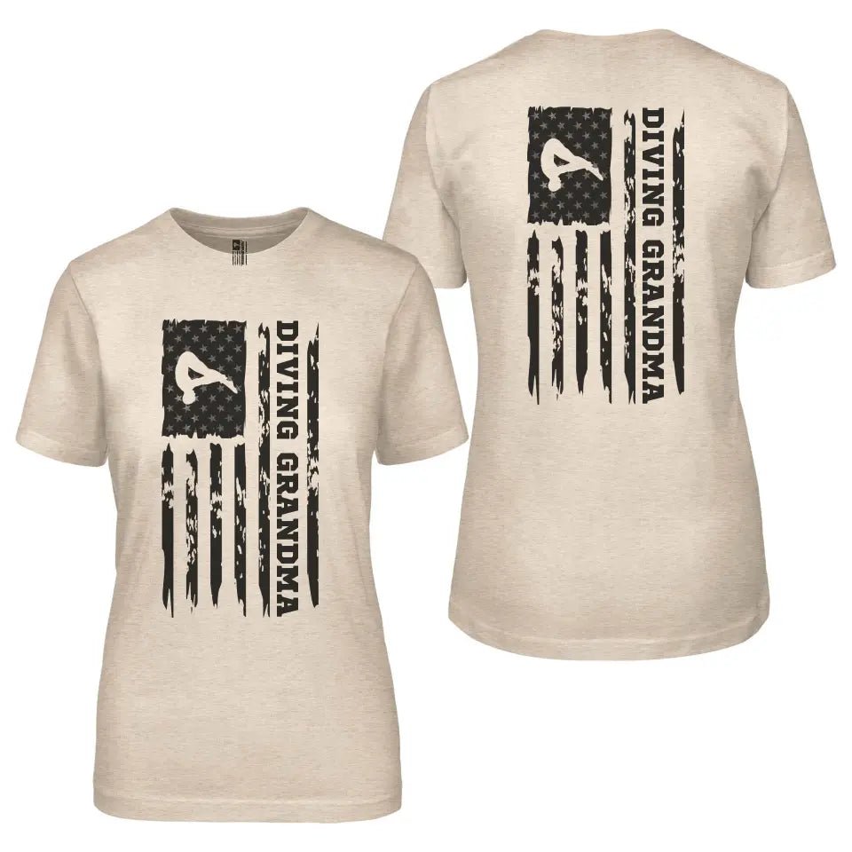 Diving Grandma Vertical Flag With Diver Name on a Unisex T-Shirt with a Black Graphic