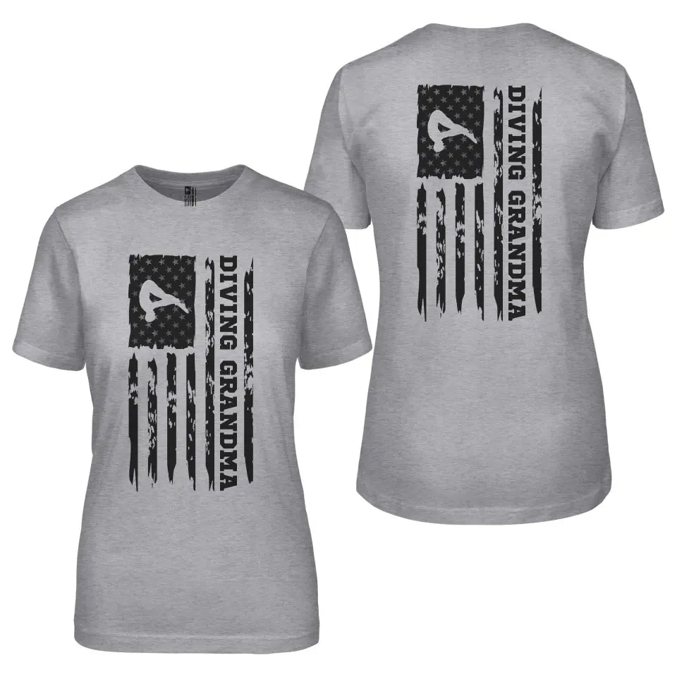 Diving Grandma Vertical Flag With Diver Name on a Unisex T-Shirt with a Black Graphic