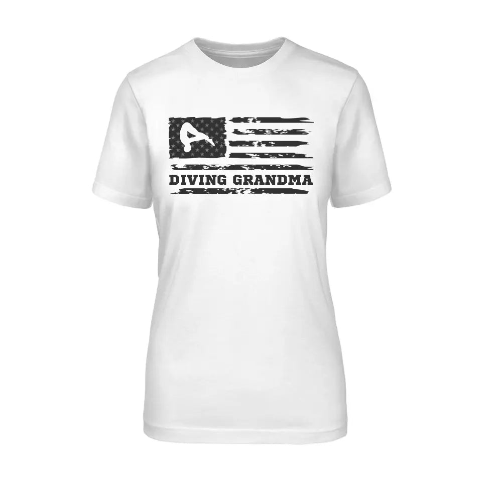 Diving Grandma Horizontal Flag on a Unisex T-Shirt with a Black Graphic