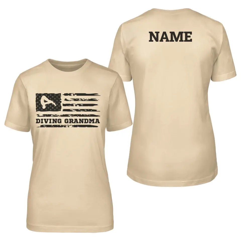 Diving Grandma Horizontal Flag With Diver Name on a Unisex T-Shirt with a Black Graphic