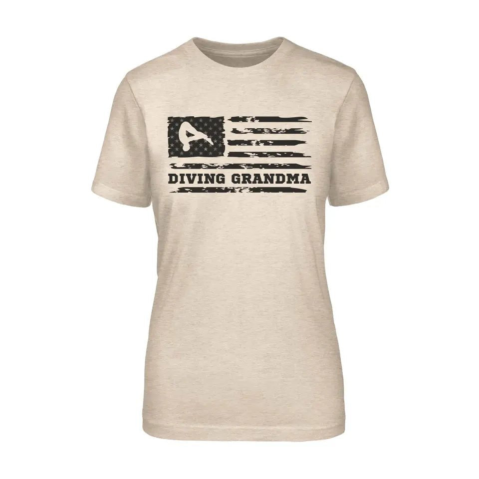 Diving Grandma Horizontal Flag on a Unisex T-Shirt with a Black Graphic