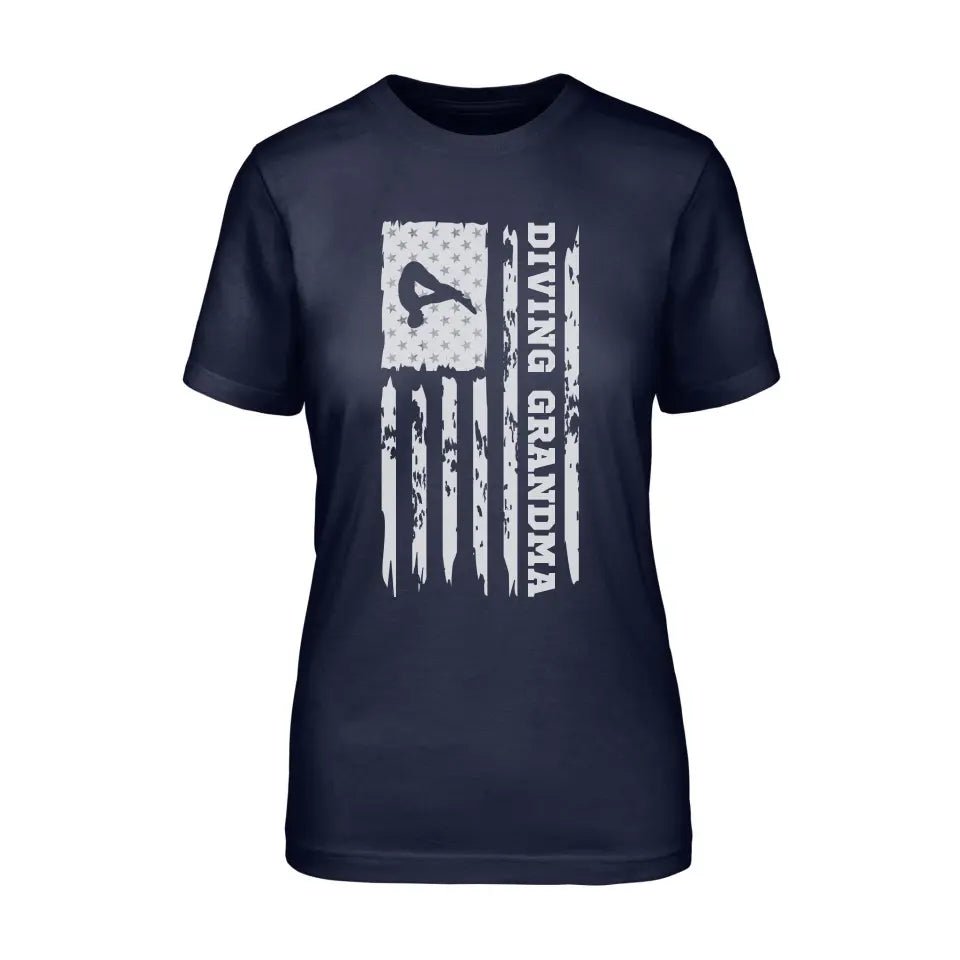 Diving Grandma Vertical Flag on a Unisex T-Shirt with a White Graphic
