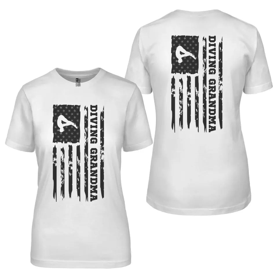 Diving Grandma Vertical Flag With Diver Name on a Unisex T-Shirt with a Black Graphic