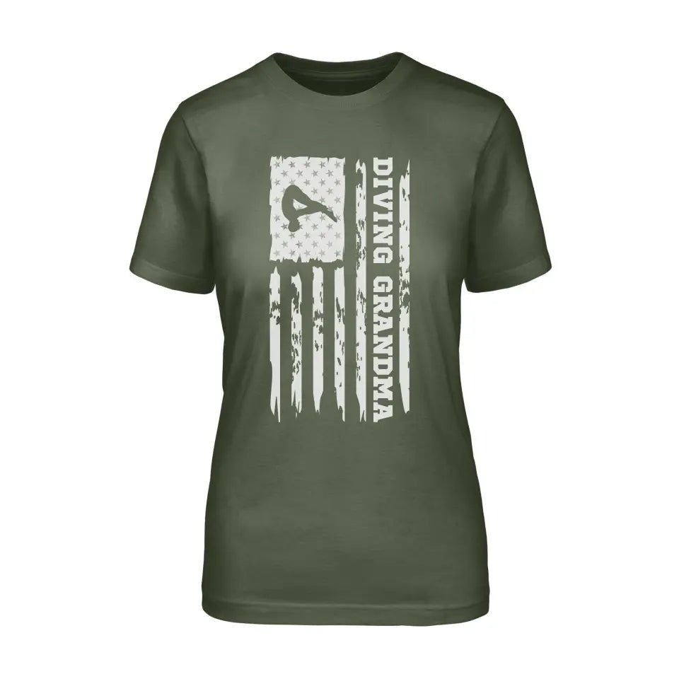 Diving Grandma Vertical Flag on a Unisex T-Shirt with a White Graphic