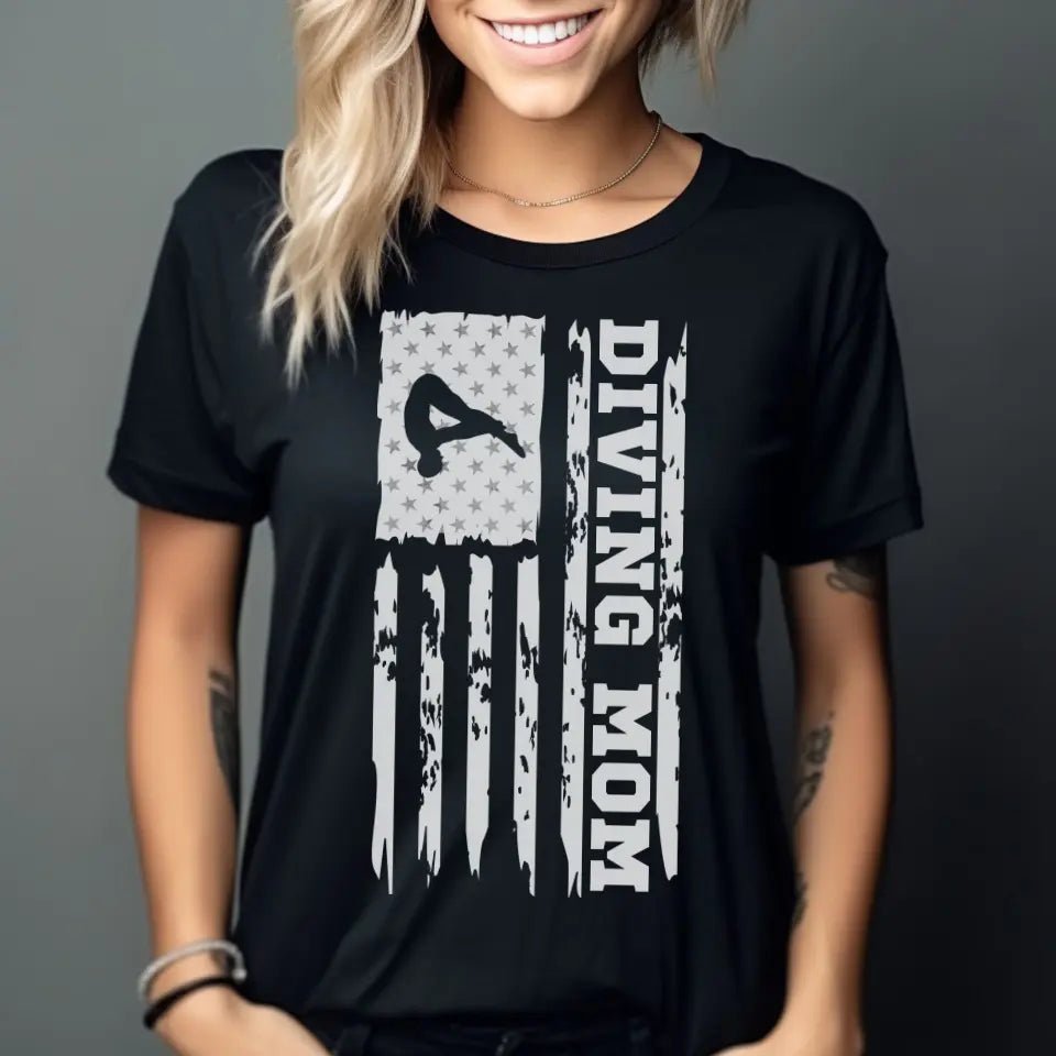 Diving Mom Vertical Flag on a Unisex T-Shirt with a White Graphic