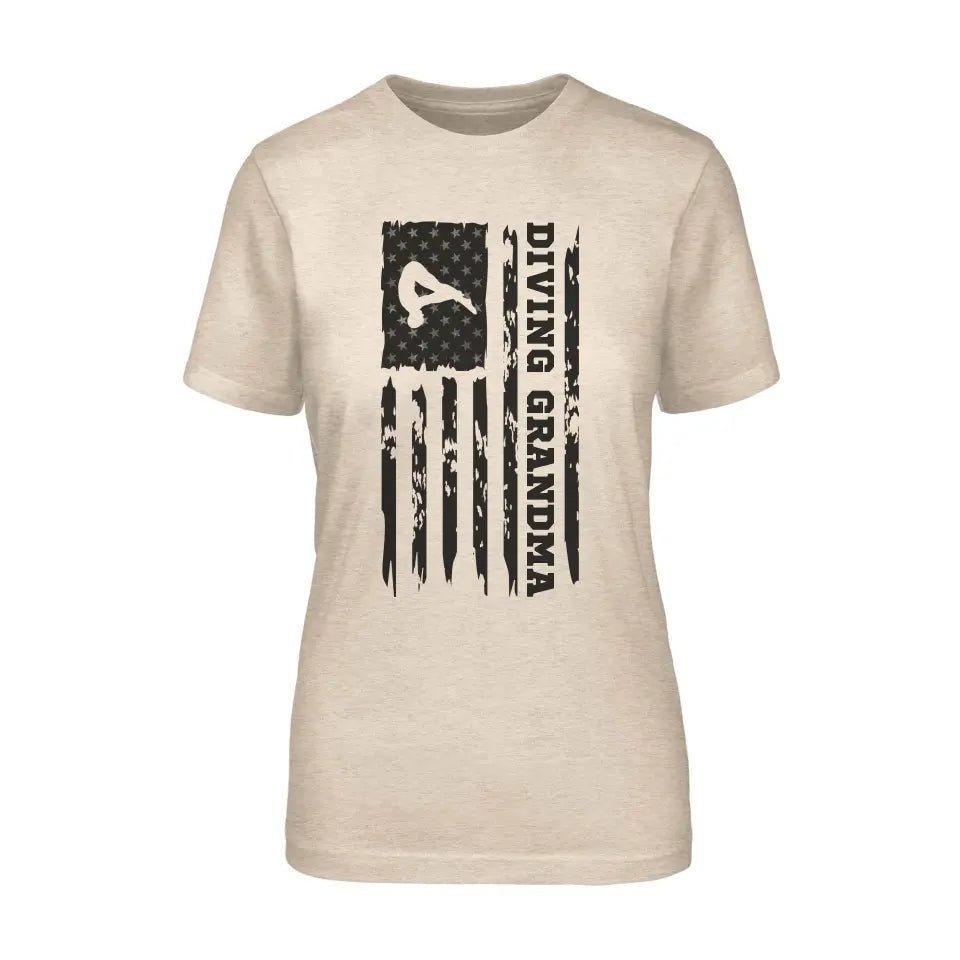 Diving Grandma Vertical Flag on a Unisex T-Shirt with a Black Graphic