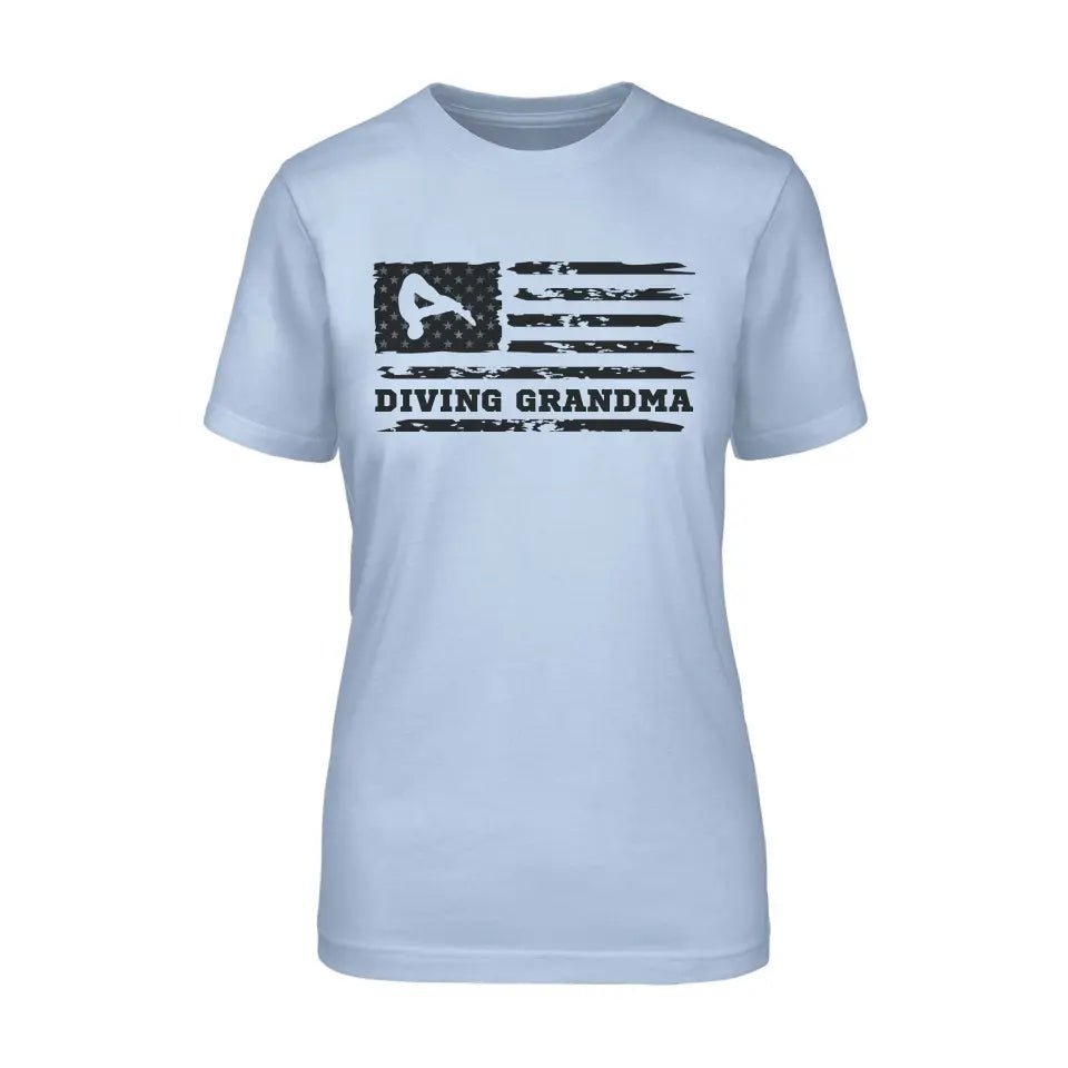 Diving Grandma Horizontal Flag on a Unisex T-Shirt with a Black Graphic
