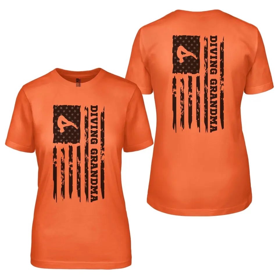 Diving Grandma Vertical Flag With Diver Name on a Unisex T-Shirt with a Black Graphic