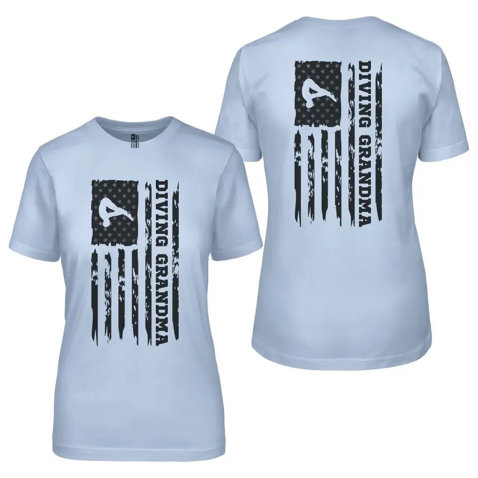 Diving Grandma Vertical Flag With Diver Name on a Unisex T-Shirt with a Black Graphic