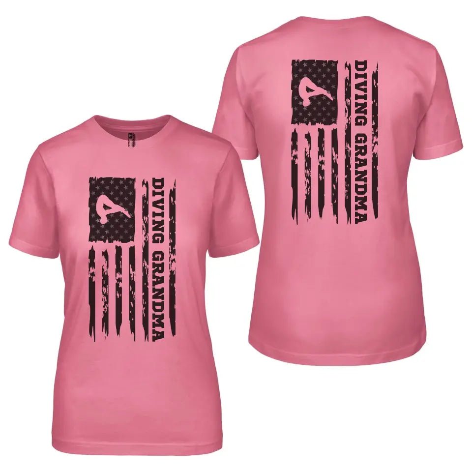 Diving Grandma Vertical Flag With Diver Name on a Unisex T-Shirt with a Black Graphic