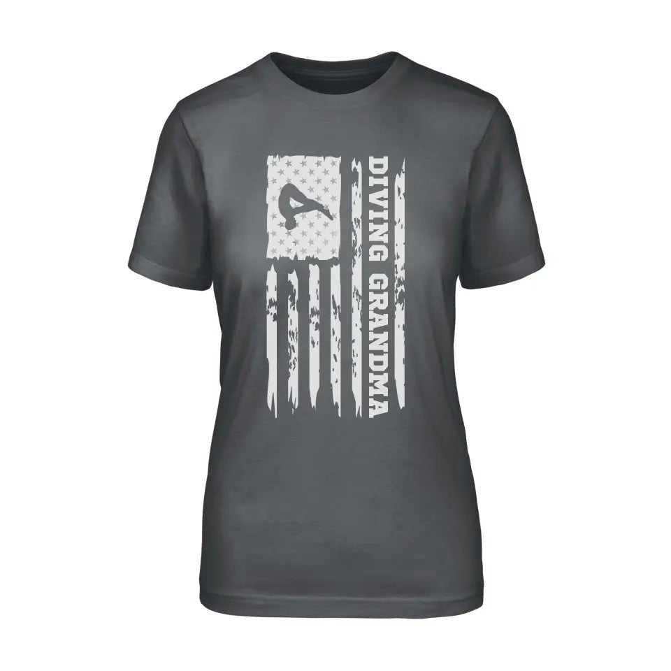 Diving Grandma Vertical Flag on a Unisex T-Shirt with a White Graphic