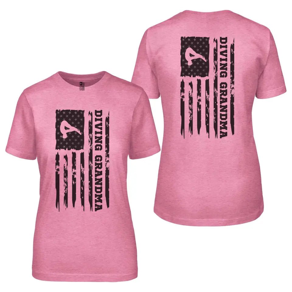 Diving Grandma Vertical Flag With Diver Name on a Unisex T-Shirt with a Black Graphic