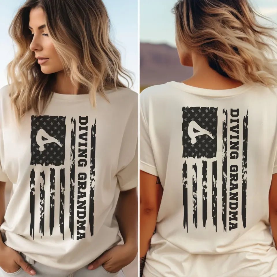 Diving Grandma Vertical Flag With Diver Name on a Unisex T-Shirt with a Black Graphic
