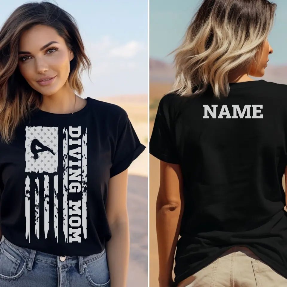 Diving Mom Vertical Flag With Diver Name on a Unisex T-Shirt with a White Graphic