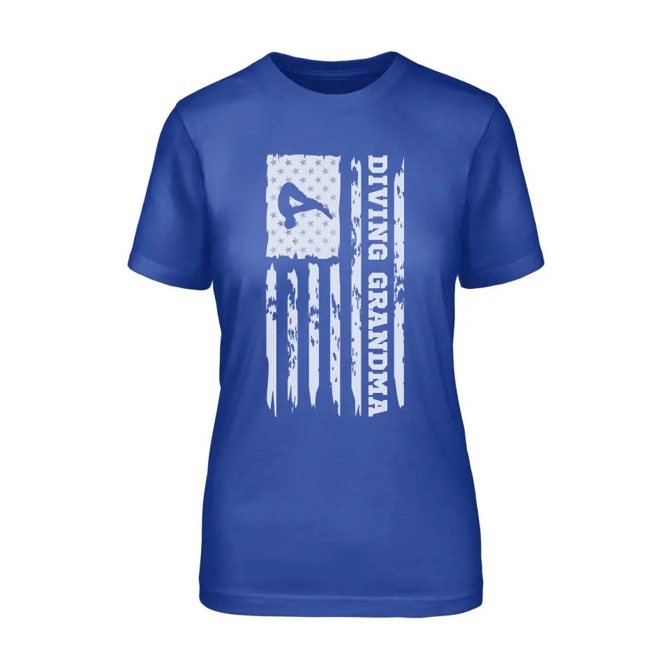 Diving Grandma Vertical Flag on a Unisex T-Shirt with a White Graphic
