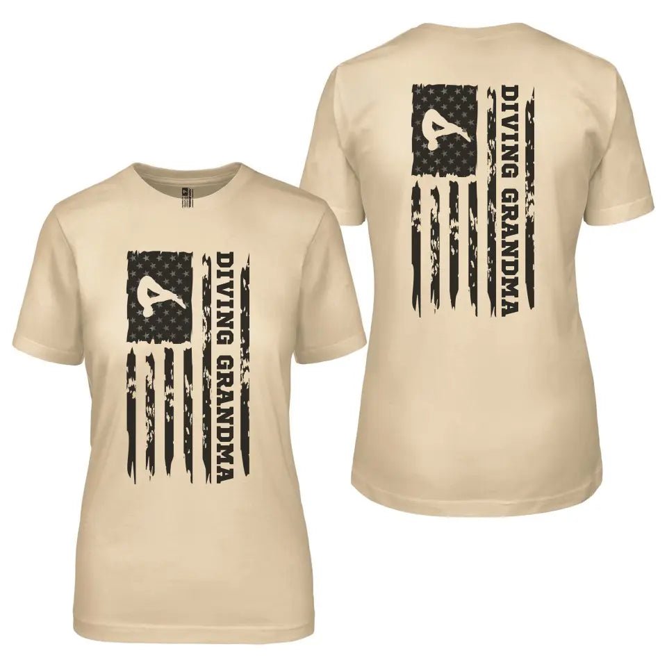 Diving Grandma Vertical Flag With Diver Name on a Unisex T-Shirt with a Black Graphic