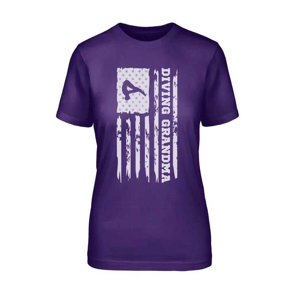 Diving Grandma Vertical Flag on a Unisex T-Shirt with a White Graphic