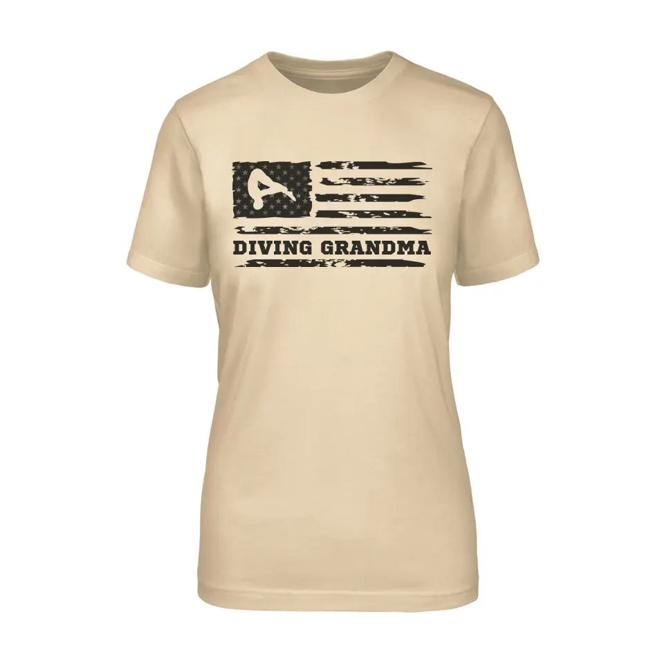 Diving Grandma Horizontal Flag on a Unisex T-Shirt with a Black Graphic