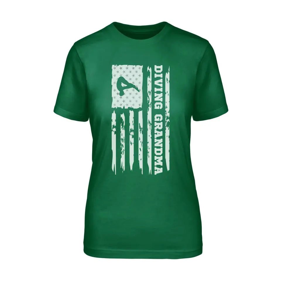 Diving Grandma Vertical Flag on a Unisex T-Shirt with a White Graphic