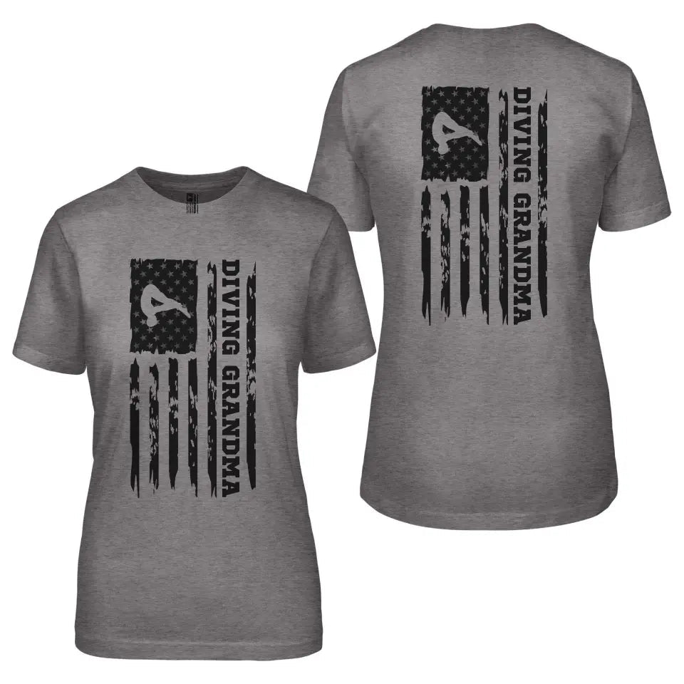 Diving Grandma Vertical Flag With Diver Name on a Unisex T-Shirt with a Black Graphic