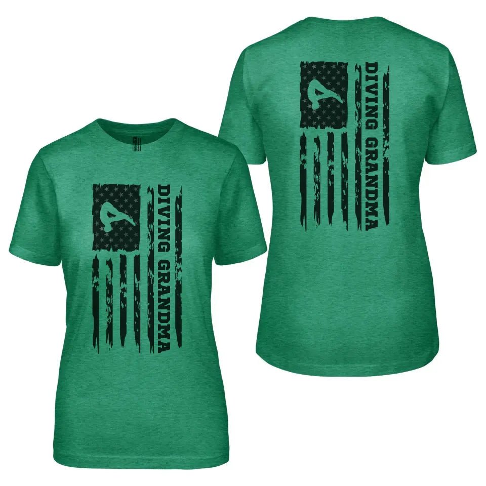 Diving Grandma Vertical Flag With Diver Name on a Unisex T-Shirt with a Black Graphic