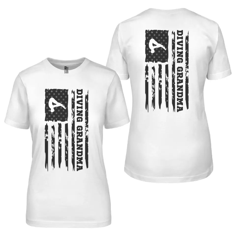 Diving Grandma Vertical Flag With Diver Name on a Unisex T-Shirt with a Black Graphic