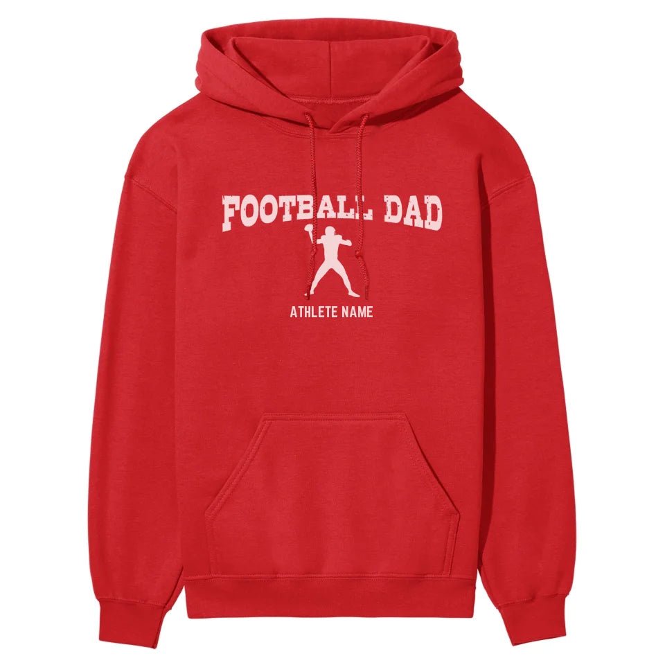 Football Dad with Football Player Icon and Football Player Name on a Hoodie with a White Graphic