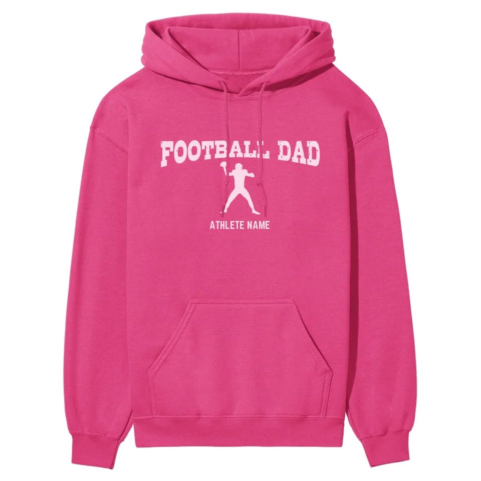 Football Dad with Football Player Icon and Football Player Name on a Hoodie with a White Graphic