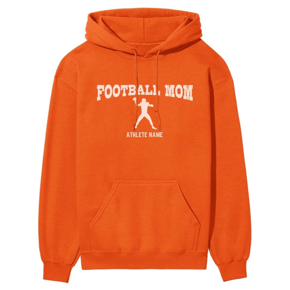 Football Mom with Football Player Icon and Football Player Name on a Hoodie with a White Graphic
