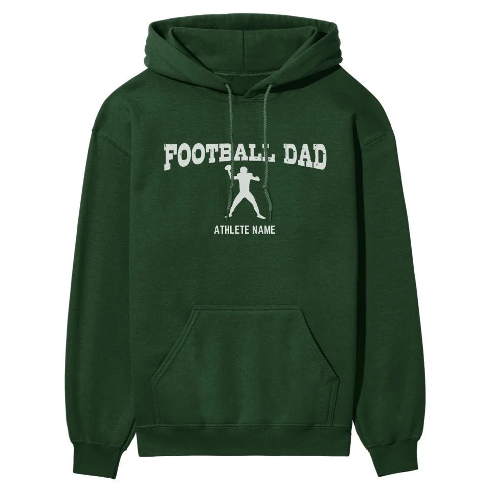 Football Dad with Football Player Icon and Football Player Name on a Hoodie with a White Graphic