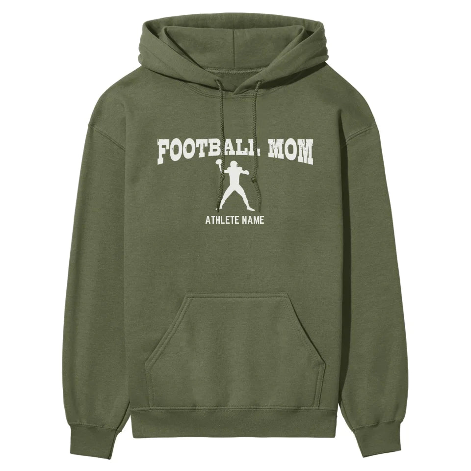 Football Mom with Football Player Icon and Football Player Name on a Hoodie with a White Graphic