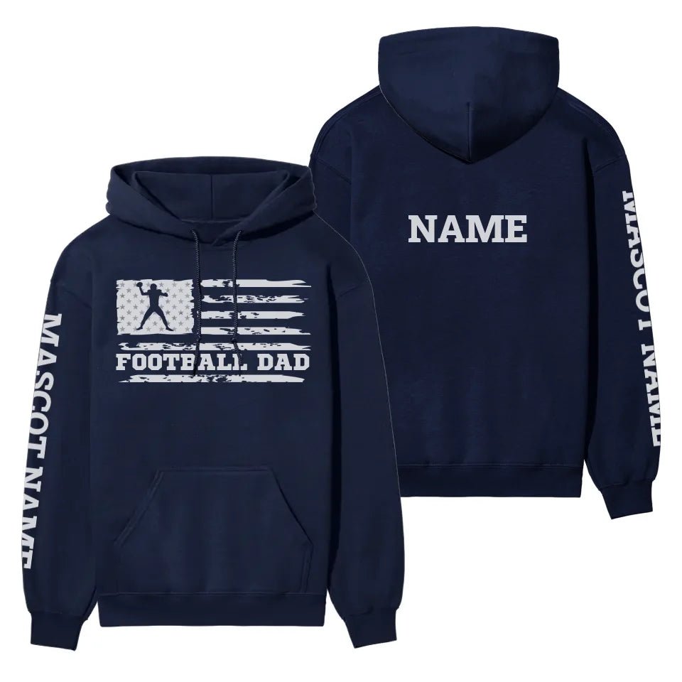 Football Dad Horizontal Flag With Football Player Name on a Hoodie with a White Graphic