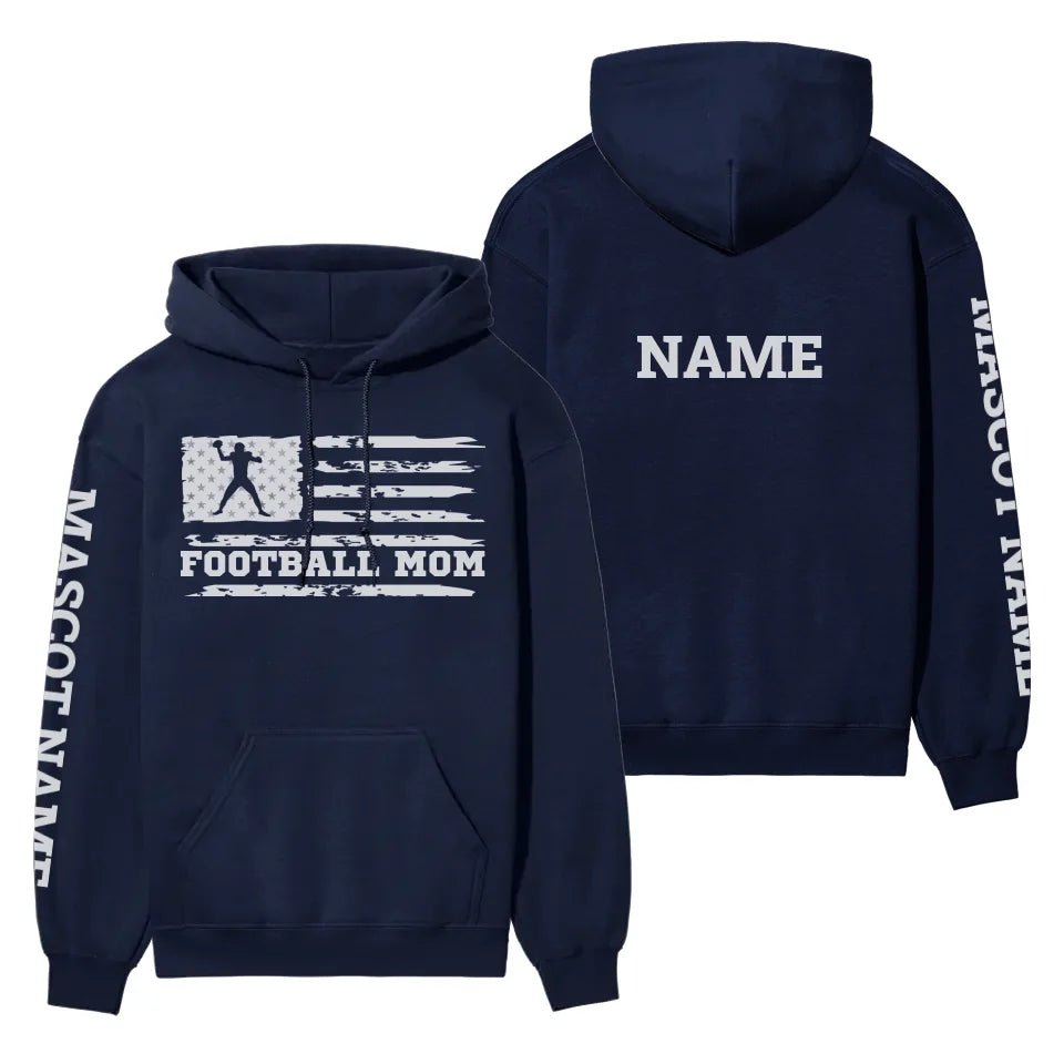 Football Mom Horizontal Flag With Football Player Name on a Hoodie with a White Graphic