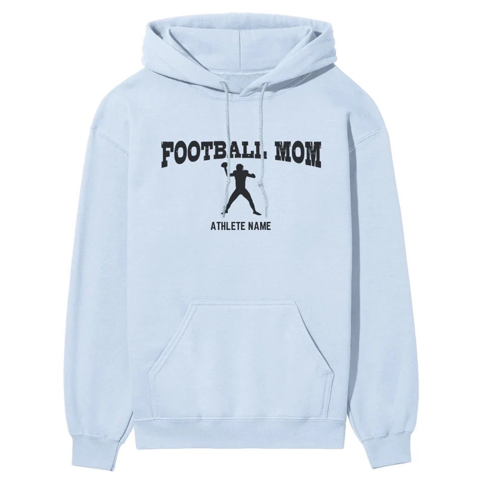 Football Mom with Football Player Icon and Football Player Name on a Hoodie with a Black Graphic