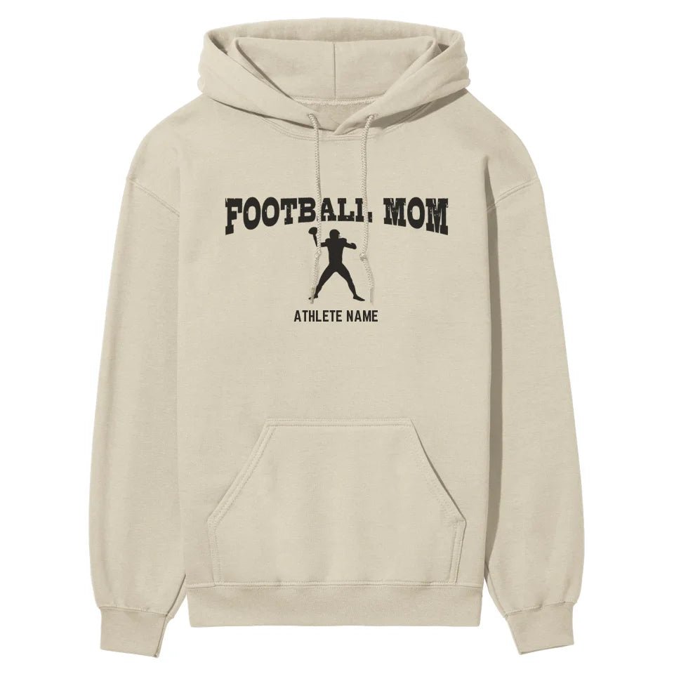 Football Mom with Football Player Icon and Football Player Name on a Hoodie with a Black Graphic