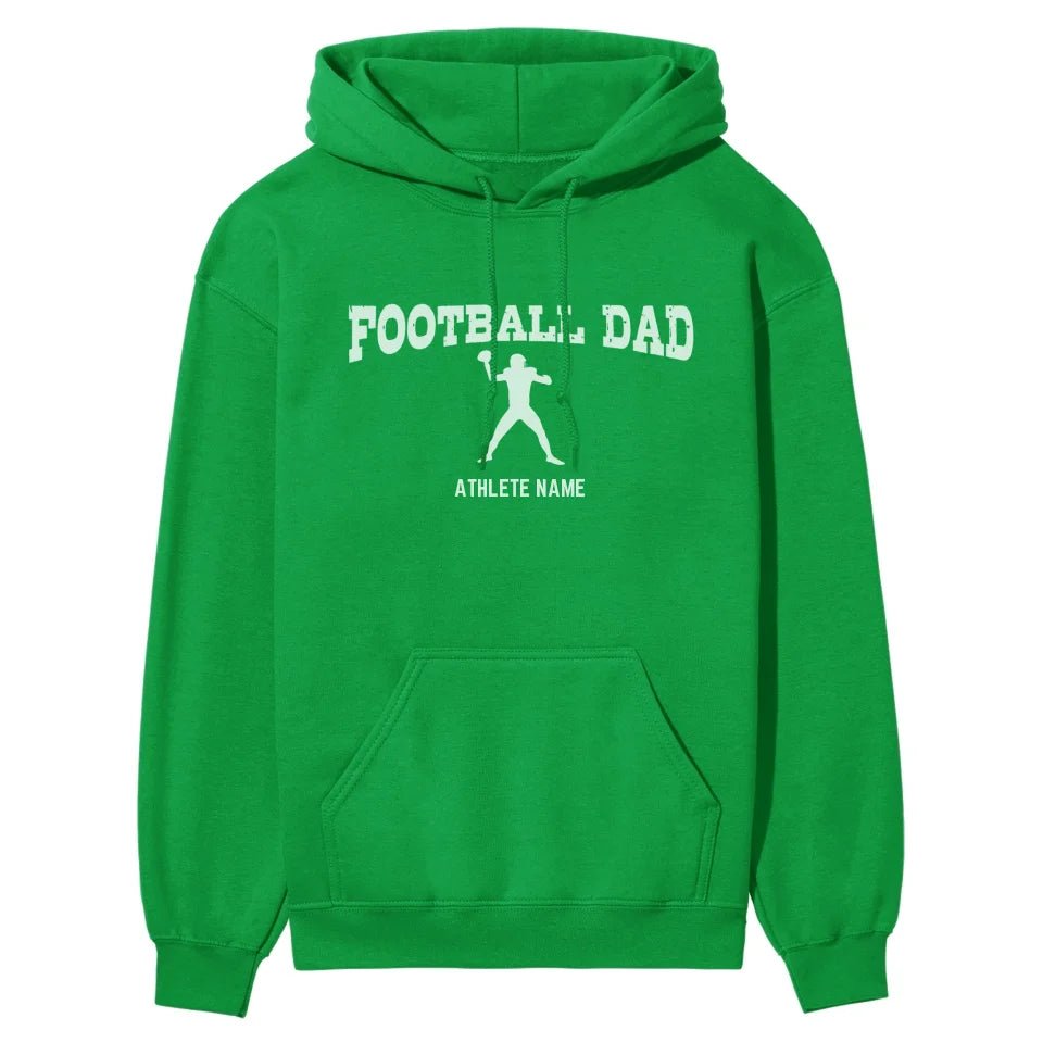 Football Dad with Football Player Icon and Football Player Name on a Hoodie with a White Graphic