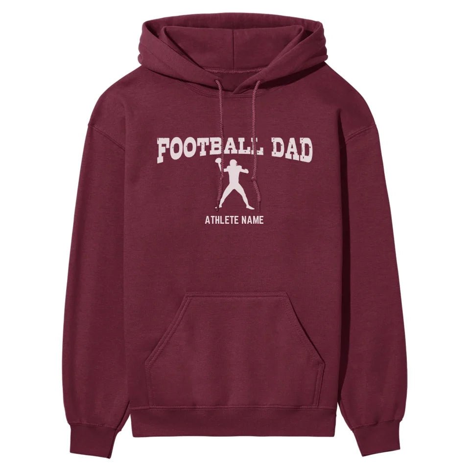 Football Dad with Football Player Icon and Football Player Name on a Hoodie with a White Graphic