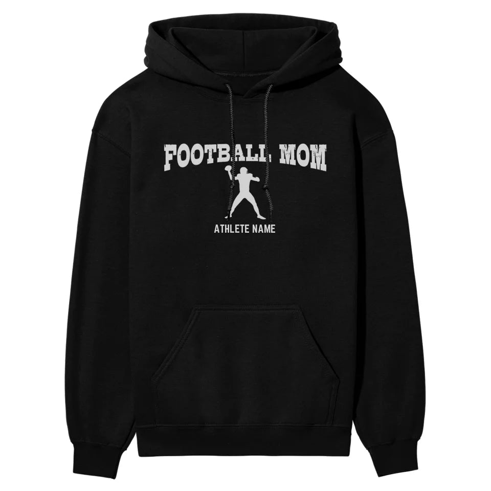 Football Mom with Football Player Icon and Football Player Name on a Hoodie with a White Graphic