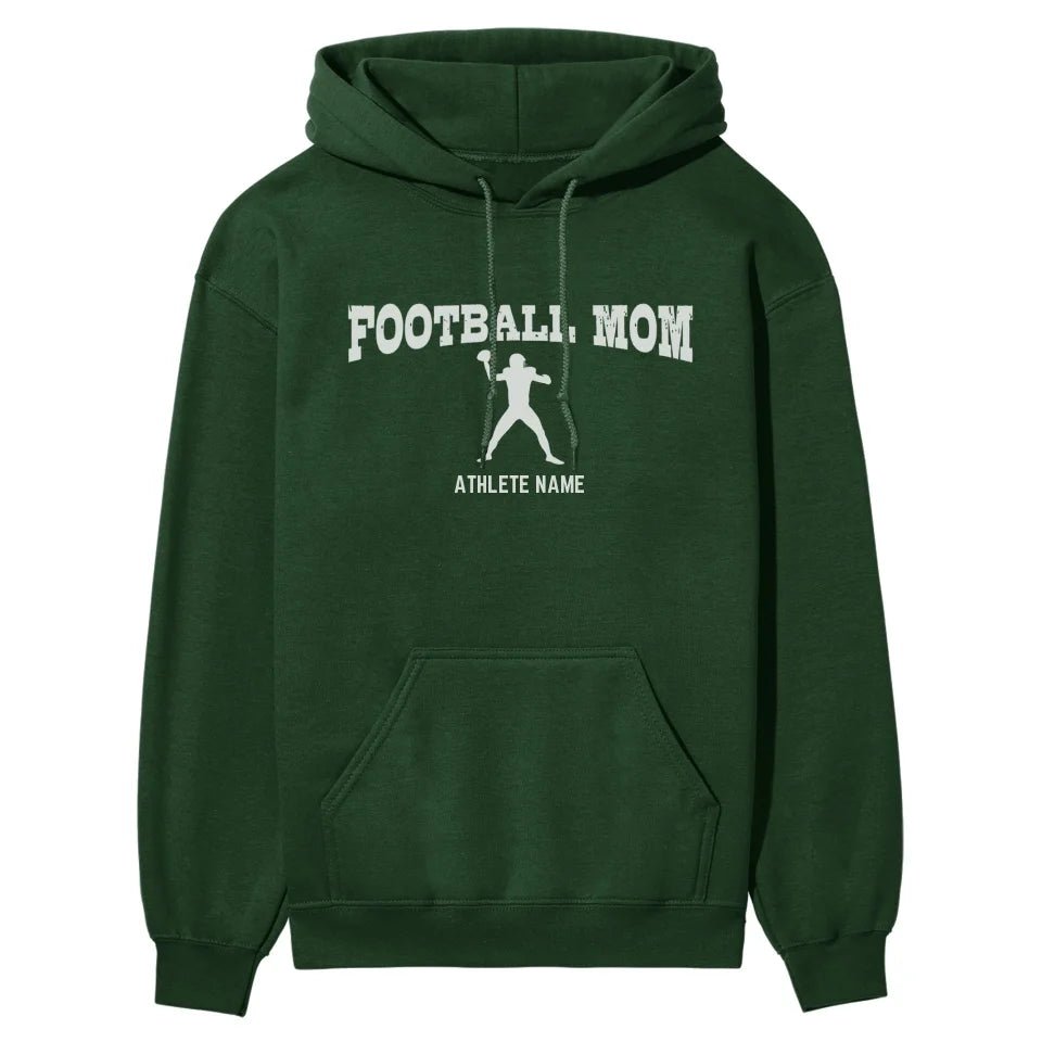 Football Mom with Football Player Icon and Football Player Name on a Hoodie with a White Graphic