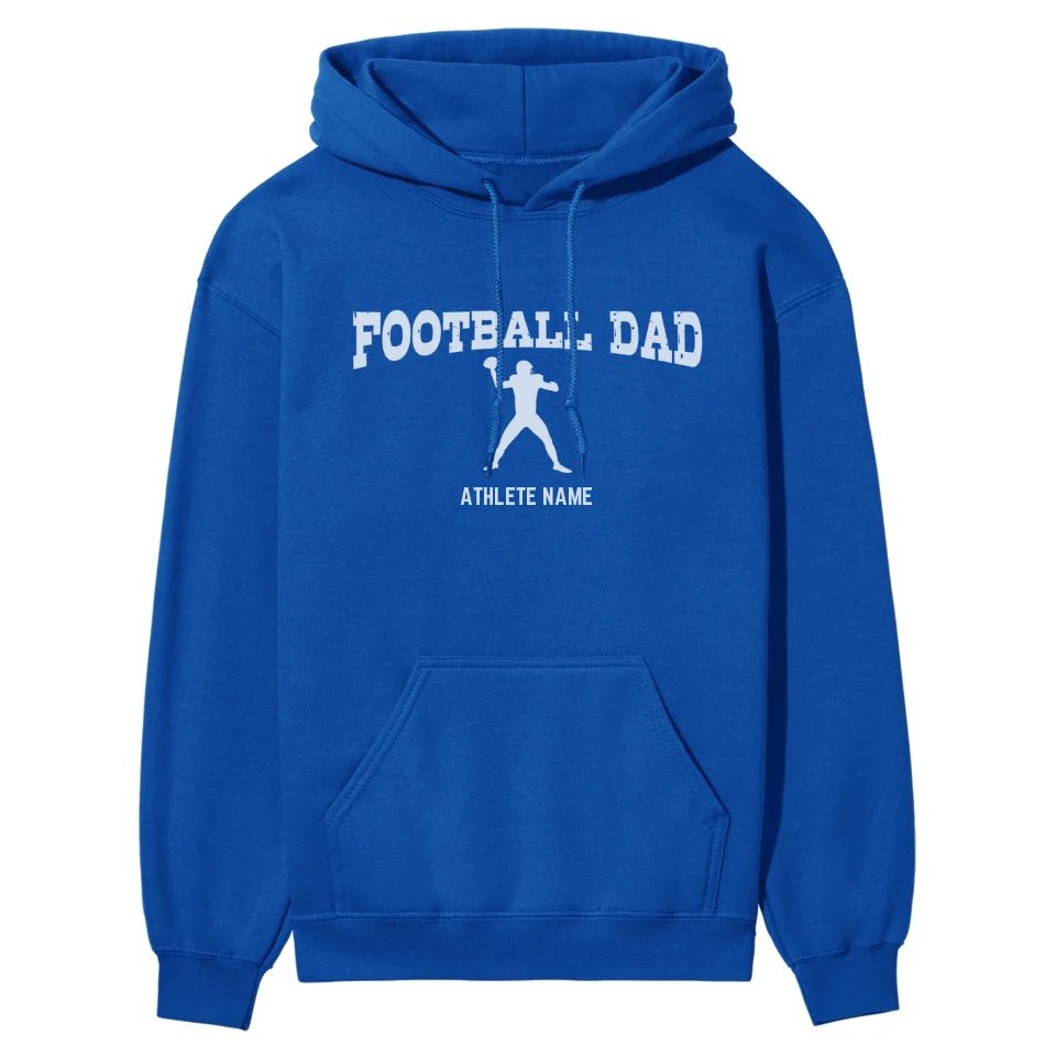 Football Dad with Football Player Icon and Football Player Name on a Hoodie with a White Graphic