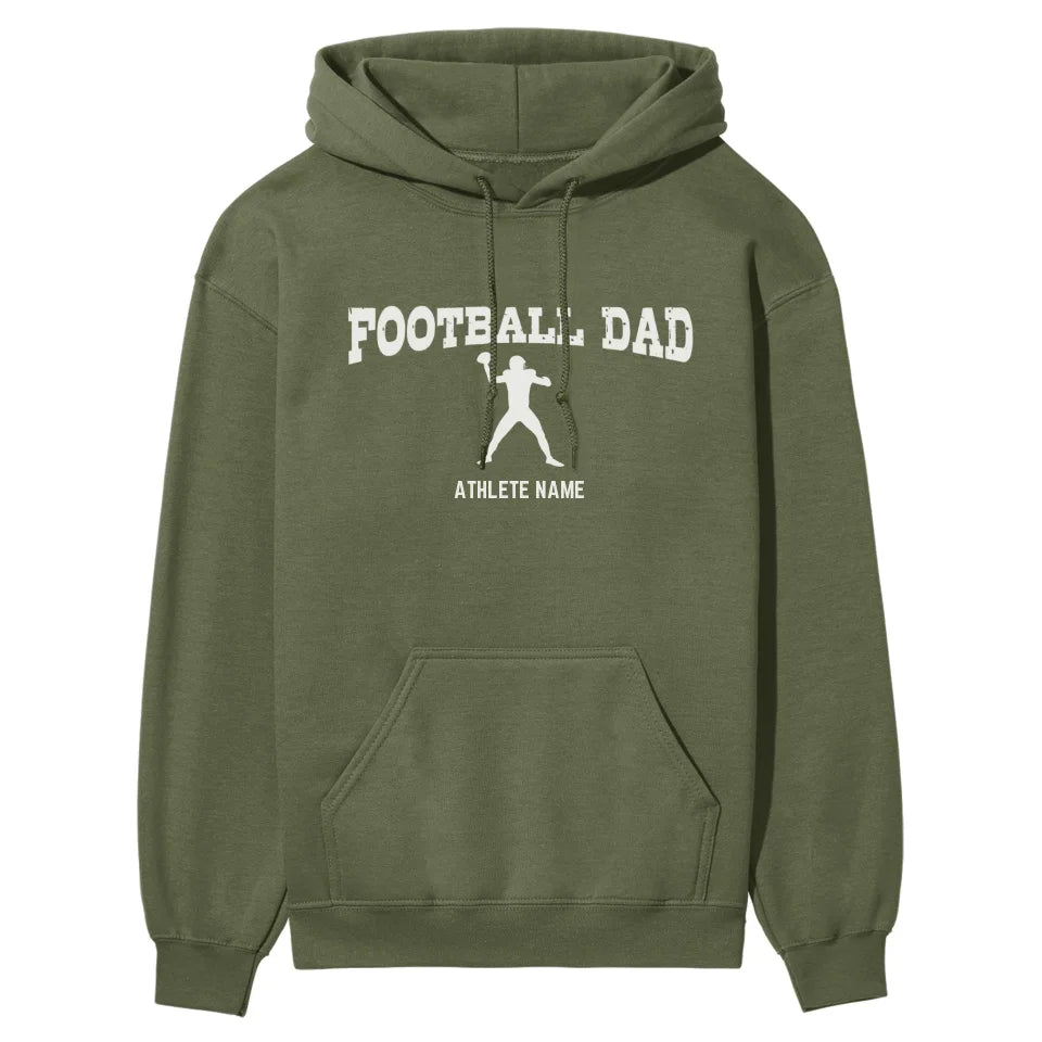 Football Dad with Football Player Icon and Football Player Name on a Hoodie with a White Graphic