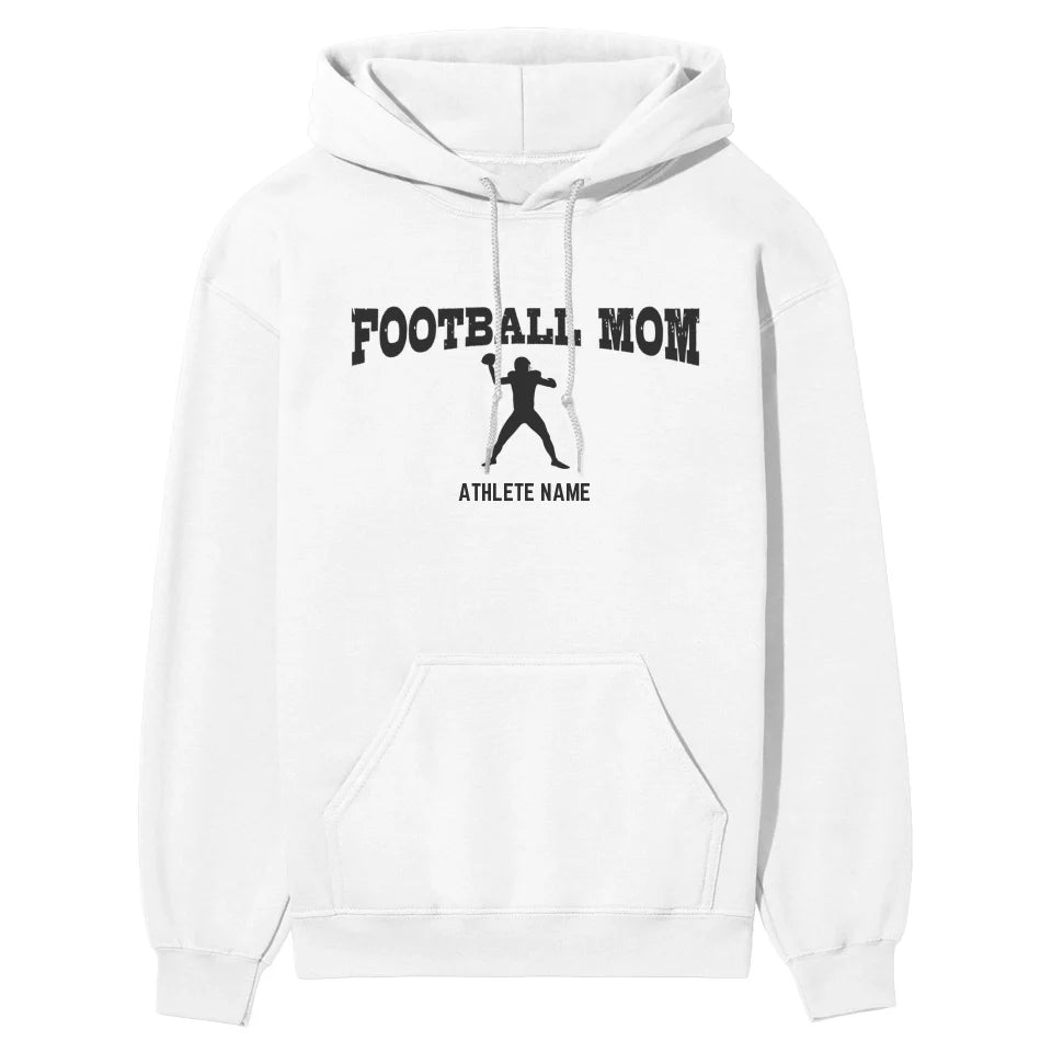Football Mom with Football Player Icon and Football Player Name on a Hoodie with a Black Graphic