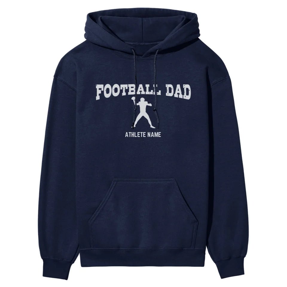 Football Dad with Football Player Icon and Football Player Name on a Hoodie with a White Graphic