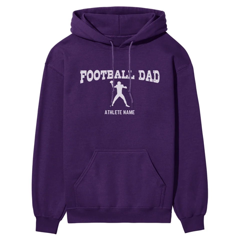 Football Dad with Football Player Icon and Football Player Name on a Hoodie with a White Graphic