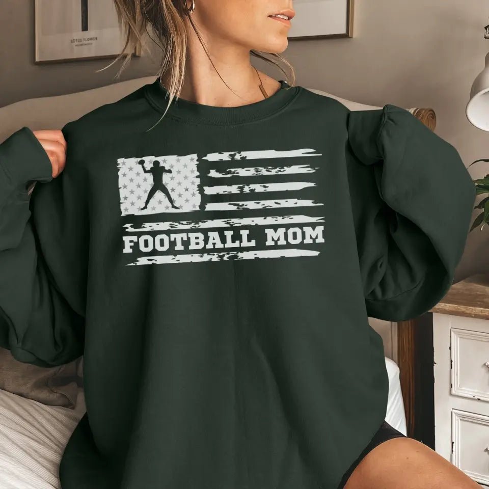Football Mom Horizontal Flag on a Sweatshirt with a White Graphic