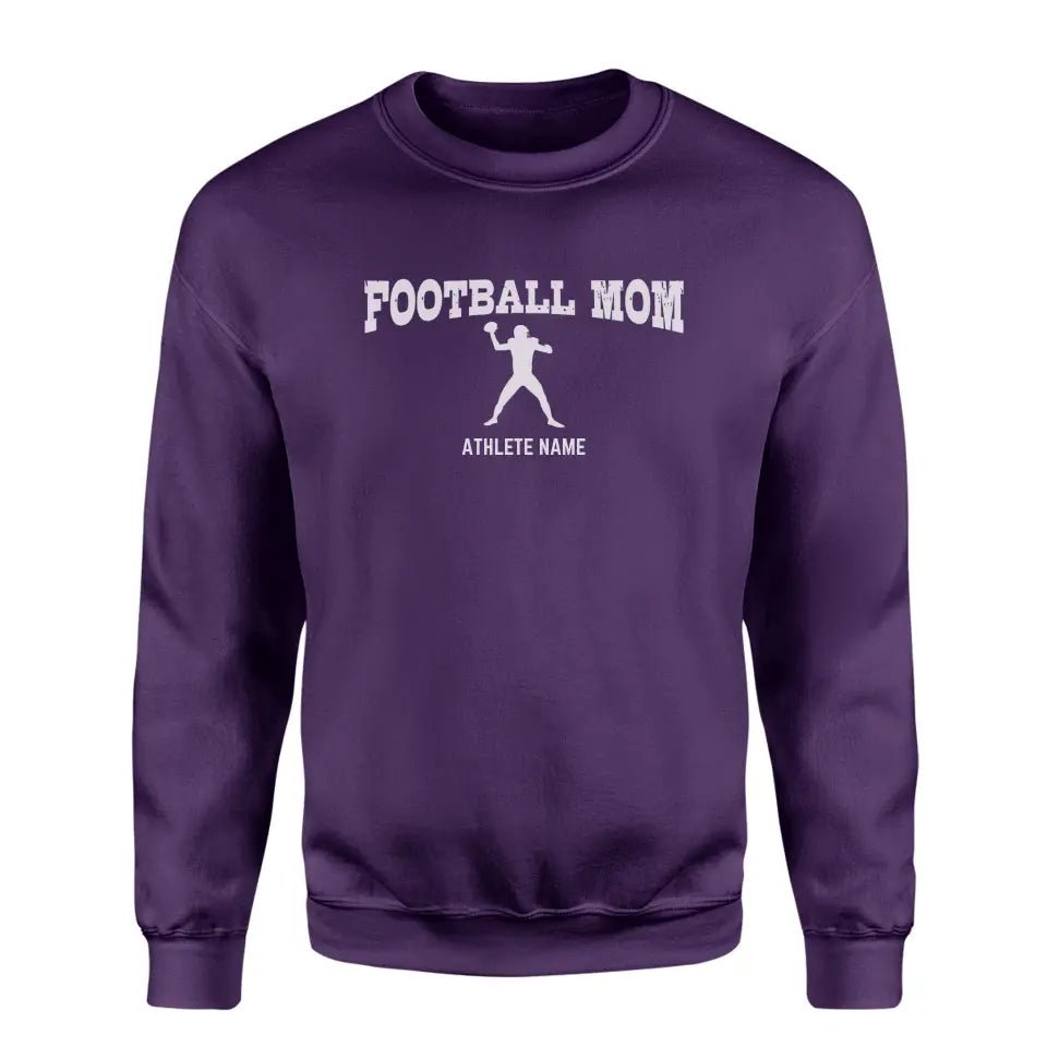 Football Mom with Football Player Icon and Football Player Name on a Sweatshirt with a White Graphic