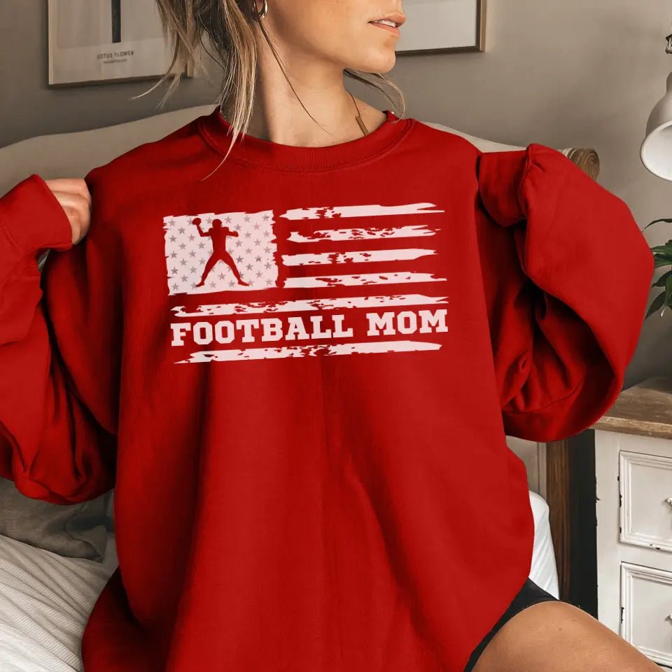 Football Mom Horizontal Flag on a Sweatshirt with a White Graphic