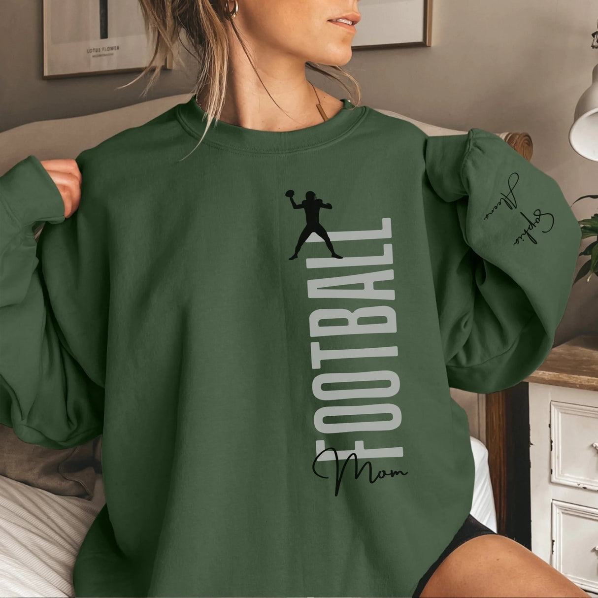 Personalized Football Mom on a Sweatshirt With Mascot, Icon, and Football Player Name on Sleeve on a Sweatshirt