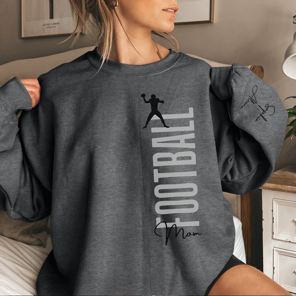 Personalized Football Mom on a Sweatshirt With Mascot, Icon, and Football Player Name on Sleeve on a Sweatshirt