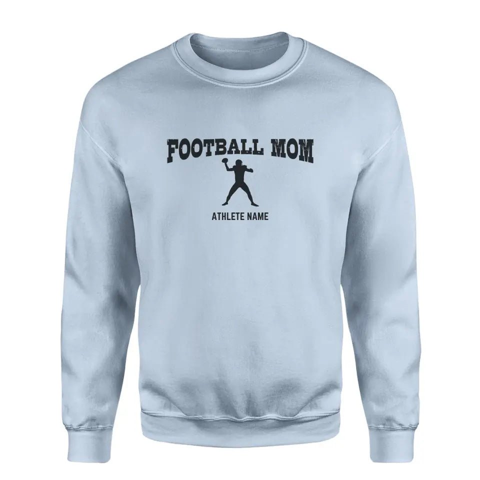 Football Mom with Football Player Icon and Football Player Name on a Sweatshirt with a Black Graphic